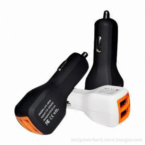 Two USB Car Chargers with ABS Material, Black/White Colors Optional, Green LED Lights When Charging